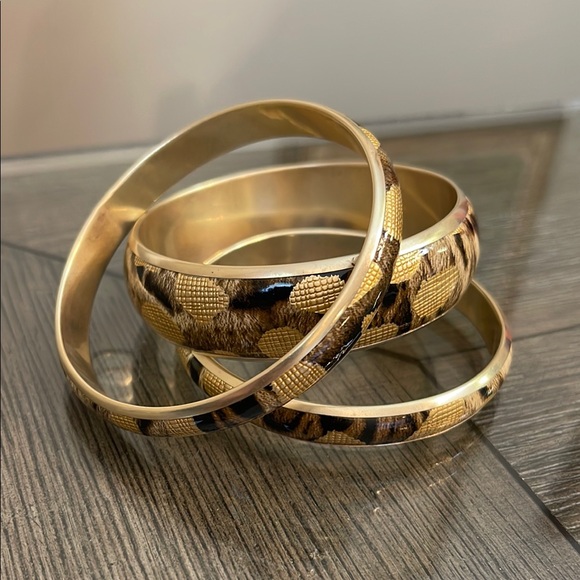 Vintage Jewelry - Vintage Brass & Vinyl Chic Gold and Animal Print Bangles